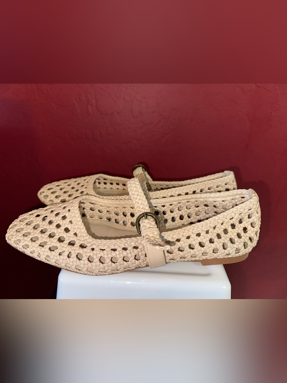 Woven Beige Mary Jane Flats with Buckle Strap